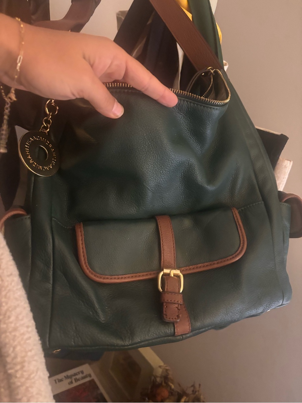 Isaac Mizrahi Deep Green Leather Tote with Gold Hardware